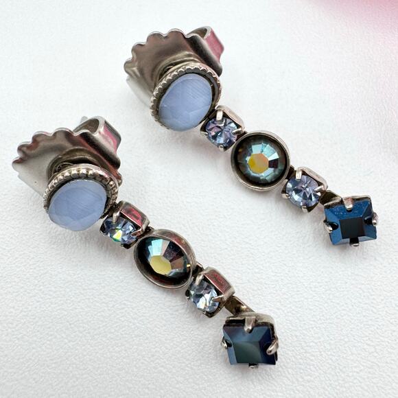 Vintage Sorrelli Blue Rhinestone Linear Drop Earrings Silver Tone Regency Signed - Picture 1 of 5